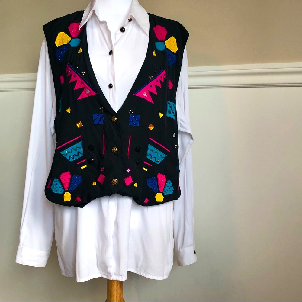 Vintage 90’s Women’s Button Up White Blouse w/ Black Party Vest